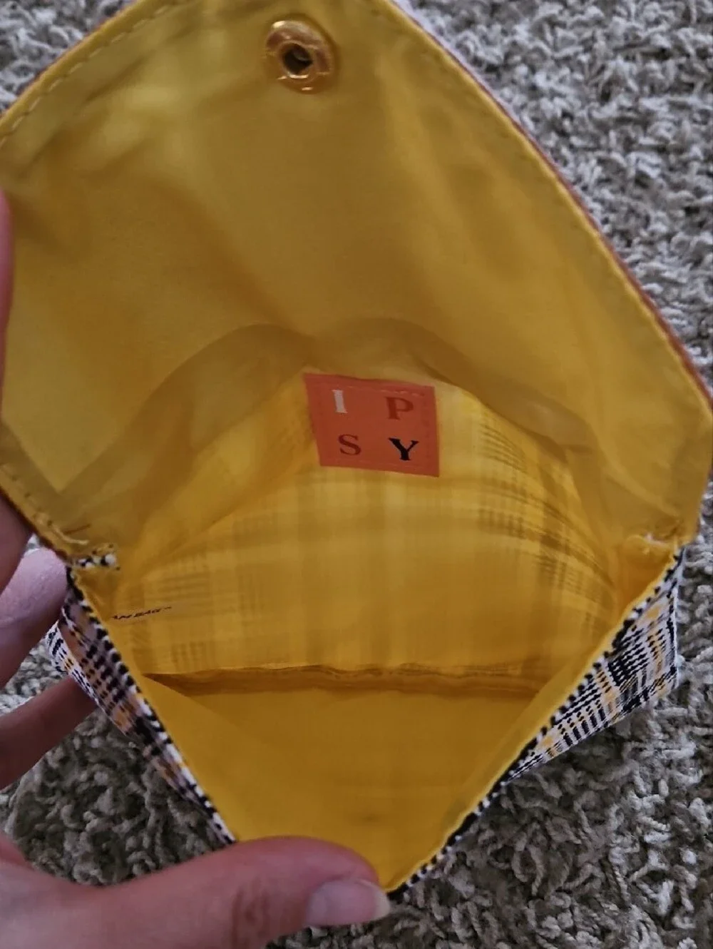 ipsy Plaid Cosmetic Pouch with Brown Faux Leather Flap
